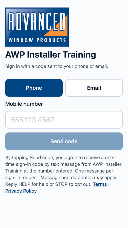 AWP Installer Training sign-in screen showing the mobile number field, the Send code button and the text message consent statement